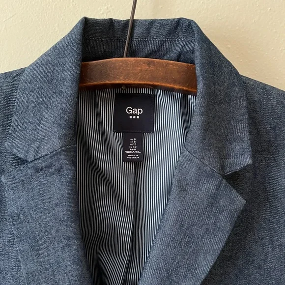 Gap Navy Blue Denim Pinstripe Lined Single Button Collared Fit & Darted Blazer 8 - Picture 3 of 12